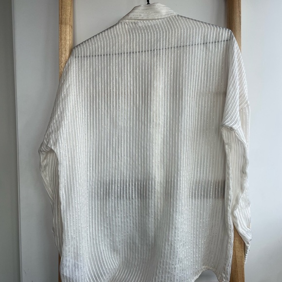 Anine Bing Cream Striped Metallic Button Down Sheer Shirt - Picture 5 of 10